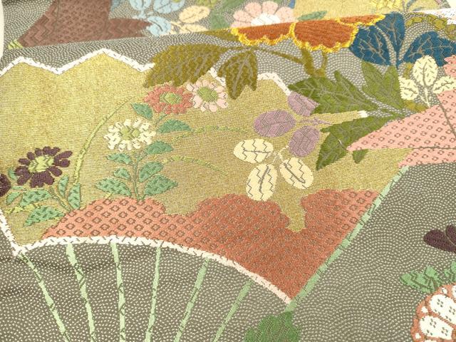 平和屋着物●六通柄袋帯　唐織　扇面草花文　金糸　正絹　逸品　DAAX8706cm