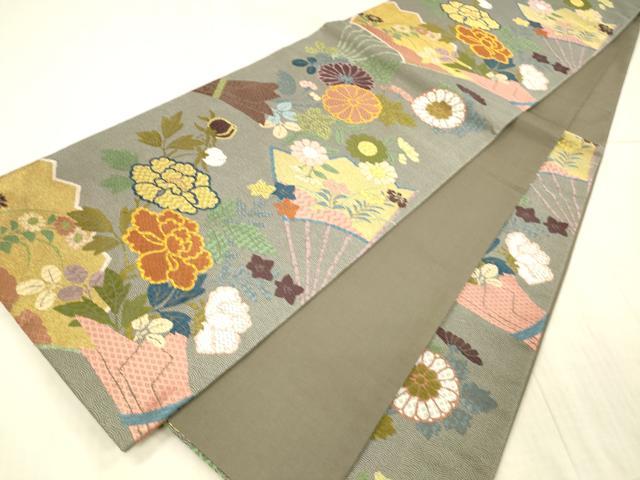 平和屋着物●六通柄袋帯　唐織　扇面草花文　金糸　正絹　逸品　DAAX8706cm