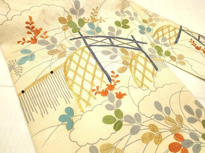 平和屋着物＊夏物 アンティーク 大正ロマン 九寸名古屋帯 絽縮緬 駒刺繍 籬草葉文 正絹 逸品 DAAX8722cm