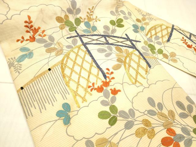 平和屋着物＊夏物 アンティーク 大正ロマン 九寸名古屋帯 絽縮緬 駒刺繍 籬草葉文 正絹 逸品 DAAX8722cm