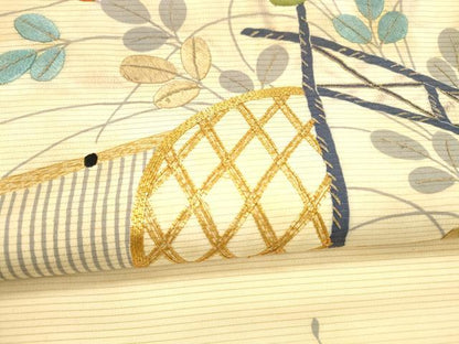 平和屋着物＊夏物 アンティーク 大正ロマン 九寸名古屋帯 絽縮緬 駒刺繍 籬草葉文 正絹 逸品 DAAX8722cm