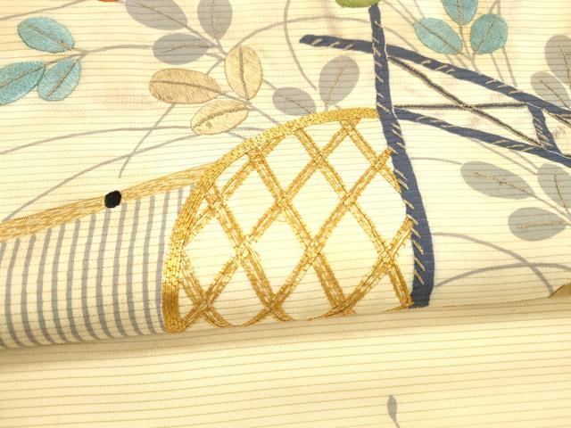 平和屋着物＊夏物 アンティーク 大正ロマン 九寸名古屋帯 絽縮緬 駒刺繍 籬草葉文 正絹 逸品 DAAX8722cm