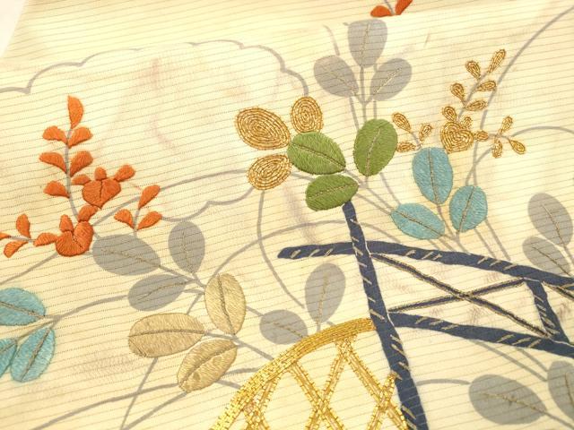 平和屋着物＊夏物 アンティーク 大正ロマン 九寸名古屋帯 絽縮緬 駒刺繍 籬草葉文 正絹 逸品 DAAX8722cm