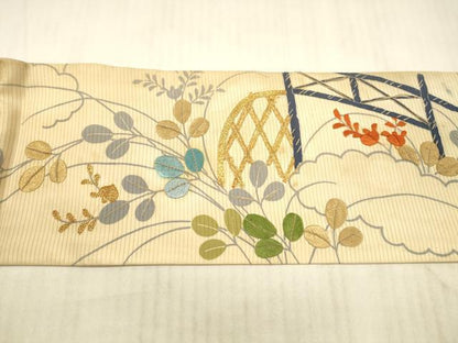 平和屋着物＊夏物 アンティーク 大正ロマン 九寸名古屋帯 絽縮緬 駒刺繍 籬草葉文 正絹 逸品 DAAX8722cm