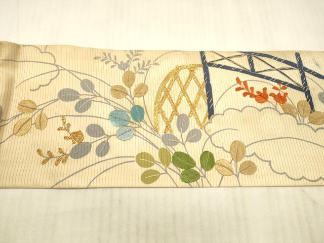 平和屋着物＊夏物 アンティーク 大正ロマン 九寸名古屋帯 絽縮緬 駒刺繍 籬草葉文 正絹 逸品 DAAX8722cm
