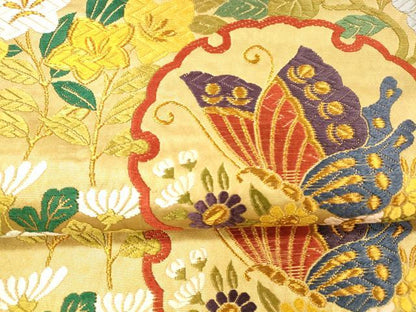 平和屋着物●六通柄袋帯　唐織　雪輪花寄文　金糸　正絹　逸品　DAAX8725cm