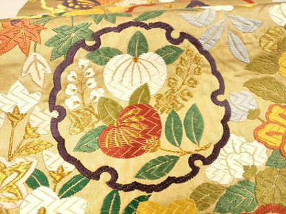平和屋着物●六通柄袋帯　唐織　雪輪花寄文　金糸　正絹　逸品　DAAX8725cm