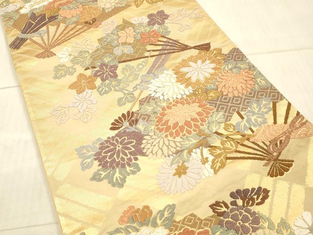 平和屋着物●六通柄袋帯　唐織　扇面草花文　金糸　正絹　逸品　DAAX8736cm
