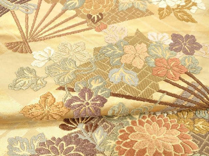 平和屋着物●六通柄袋帯　唐織　扇面草花文　金糸　正絹　逸品　DAAX8736cm