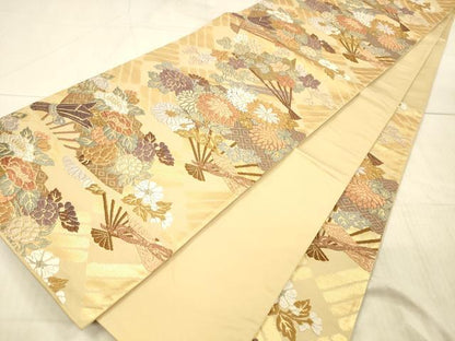 平和屋着物●六通柄袋帯　唐織　扇面草花文　金糸　正絹　逸品　DAAX8736cm
