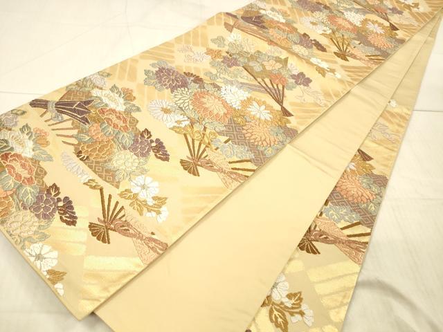 平和屋着物●六通柄袋帯　唐織　扇面草花文　金糸　正絹　逸品　DAAX8736cm