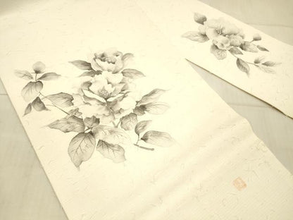 平和屋着物●九寸名古屋帯　髭紬　作家物　手描き　枝花文　正絹　逸品　DAAX8823cm