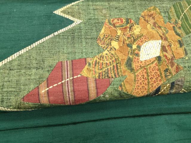 平和屋着物●中国三大刺繍　相良刺繍　九寸名古屋帯　紬地　刺し子　切嵌人物花文　正絹　逸品　DAAX8828cm