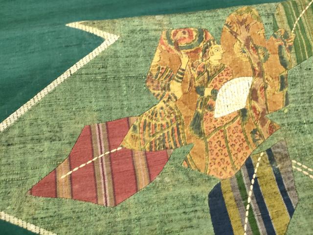 平和屋着物●中国三大刺繍　相良刺繍　九寸名古屋帯　紬地　刺し子　切嵌人物花文　正絹　逸品　DAAX8828cm