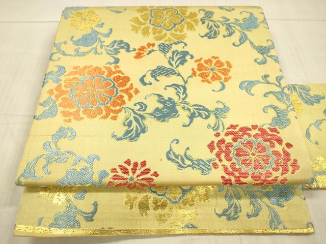 平和屋着物●アンティーク 大正ロマン 九寸名古屋帯 唐織 草花文 金糸 正絹 逸品 DAAX8843cm