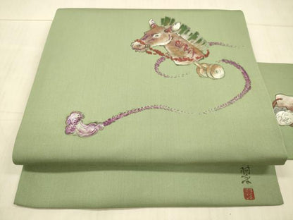 平和屋着物●塩瀬 九寸名古屋帯 作家物 手描き 玩具文 馬 正絹 逸品 DAAX8857cm