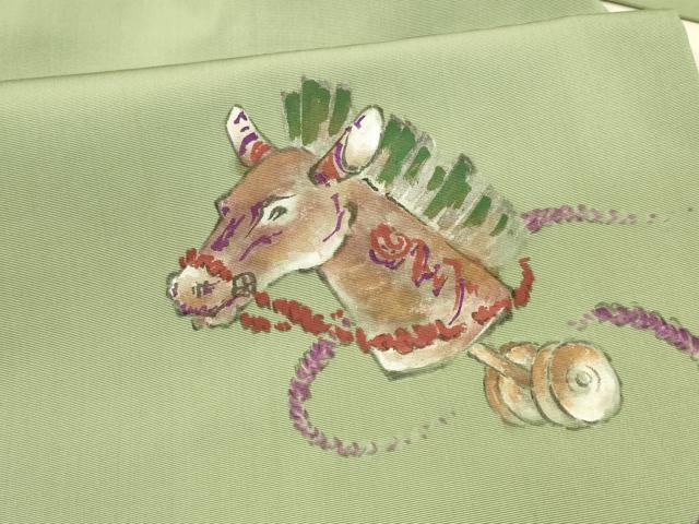 平和屋着物●塩瀬 九寸名古屋帯 作家物 手描き 玩具文 馬 正絹 逸品 DAAX8857cm