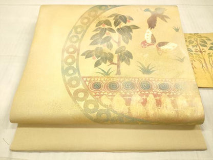 平和屋着物●塩瀬　九寸名古屋帯　枝葉舞蝶飛鳥文　金銀彩　正絹　逸品　DAAX8872cm