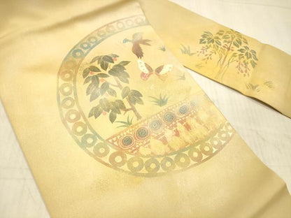 平和屋着物●塩瀬　九寸名古屋帯　枝葉舞蝶飛鳥文　金銀彩　正絹　逸品　DAAX8872cm