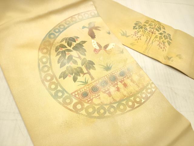平和屋着物●塩瀬　九寸名古屋帯　枝葉舞蝶飛鳥文　金銀彩　正絹　逸品　DAAX8872cm