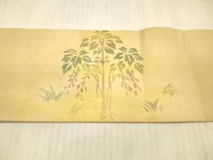 平和屋着物●塩瀬　九寸名古屋帯　枝葉舞蝶飛鳥文　金銀彩　正絹　逸品　DAAX8872cm