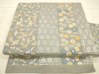 平和屋着物＊夏物 アンティーク 大正ロマン 九寸名古屋帯 笹の葉花文 舞蝶飛鳥文 銀糸 正絹 逸品 DAAX8884cm