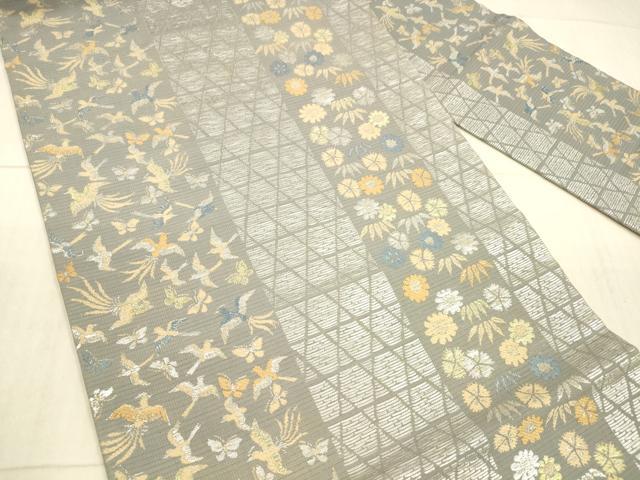 平和屋着物＊夏物 アンティーク 大正ロマン 九寸名古屋帯 笹の葉花文 舞蝶飛鳥文 銀糸 正絹 逸品 DAAX8884cm