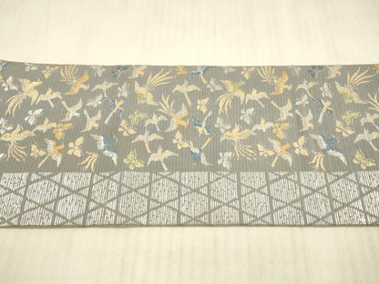 平和屋着物＊夏物 アンティーク 大正ロマン 九寸名古屋帯 笹の葉花文 舞蝶飛鳥文 銀糸 正絹 逸品 DAAX8884cm
