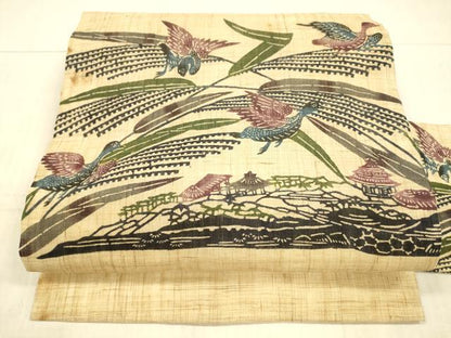 平和屋着物＊夏物 九寸名古屋帯 琉球紅型 群鳥草葉文 麻 逸品 DAAX8886cm