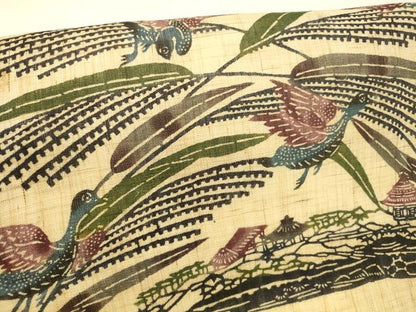 平和屋着物＊夏物 九寸名古屋帯 琉球紅型 群鳥草葉文 麻 逸品 DAAX8886cm