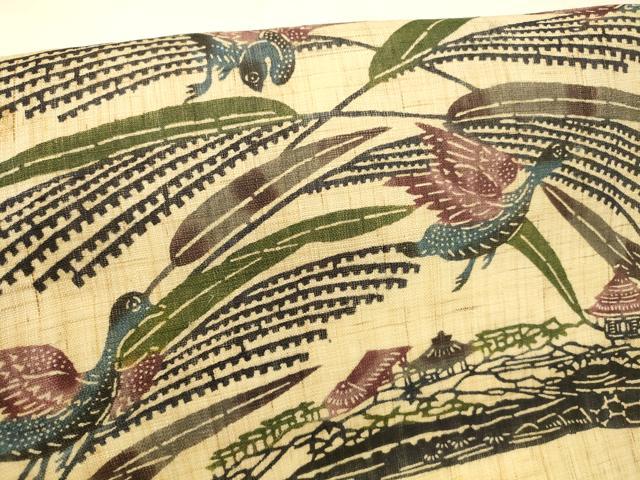 平和屋着物＊夏物 九寸名古屋帯 琉球紅型 群鳥草葉文 麻 逸品 DAAX8886cm