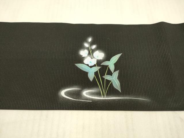 平和屋着物＊夏物 九寸名古屋帯 手描き 流水草花文 鷺 黒地 銀彩 正絹 逸品 DAAX8891cm