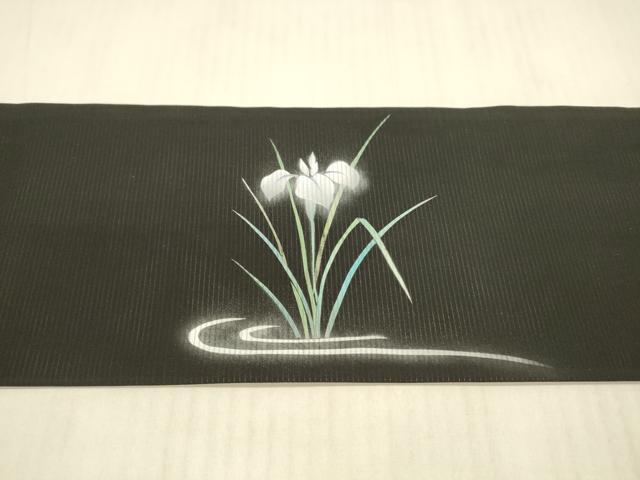 平和屋着物＊夏物 九寸名古屋帯 手描き 流水草花文 鷺 黒地 銀彩 正絹 逸品 DAAX8891cm