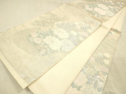 平和屋着物＊夏物 六通柄袋帯 流水草花文 銀糸 正絹 逸品 DAAX8897cm
