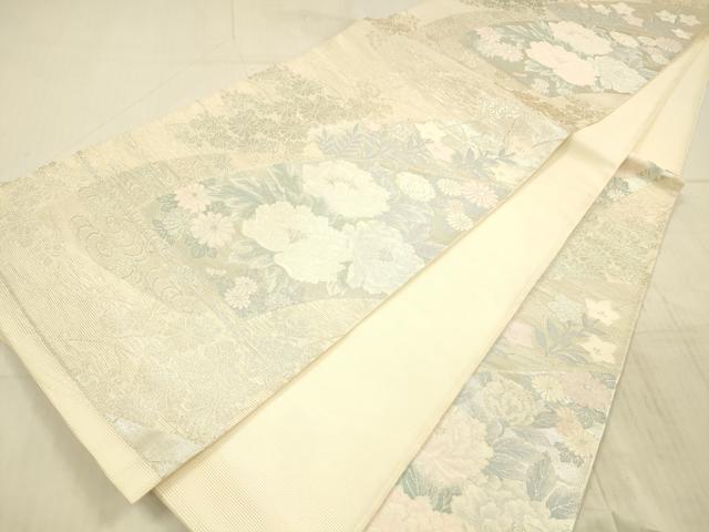 平和屋着物＊夏物 六通柄袋帯 流水草花文 銀糸 正絹 逸品 DAAX8897cm