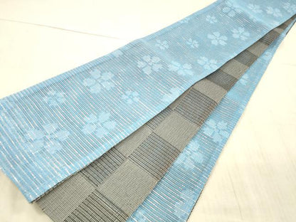 平和屋着物＊夏物 両面 半幅帯 舞花文 市松文様 銀糸 DAAX8917cm
