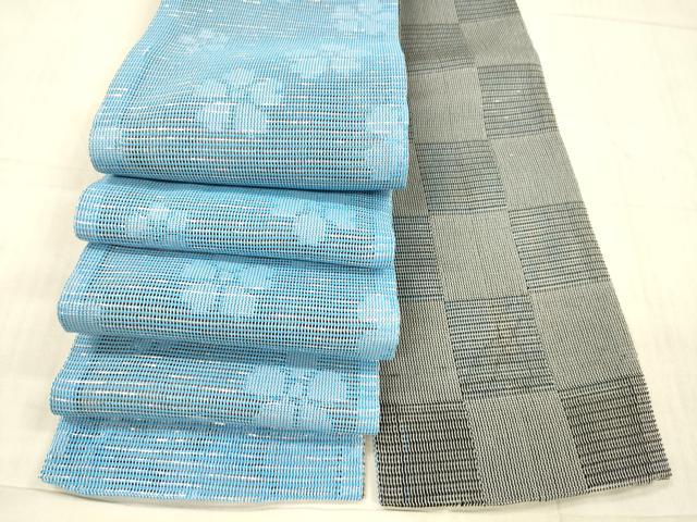 平和屋着物＊夏物 両面 半幅帯 舞花文 市松文様 銀糸 DAAX8917cm