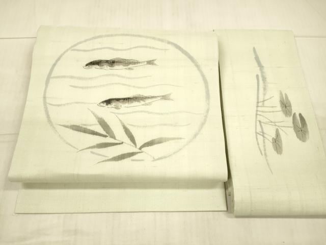 平和屋着物＊夏物 つけ帯 手描き 流水草葉文 魚 正絹 逸品 DAAX8937cm
