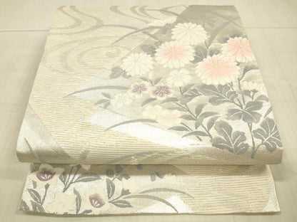 平和屋着物＊夏物 六通柄袋帯 流水草花文 銀糸 正絹 逸品 DAAX8961cm