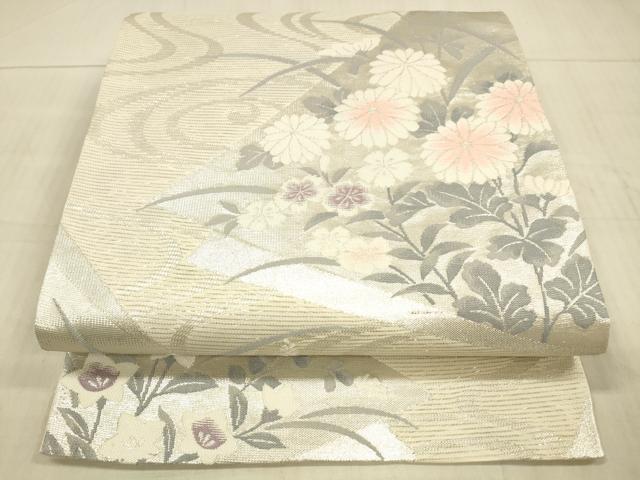 平和屋着物＊夏物 六通柄袋帯 流水草花文 銀糸 正絹 逸品 DAAX8961cm