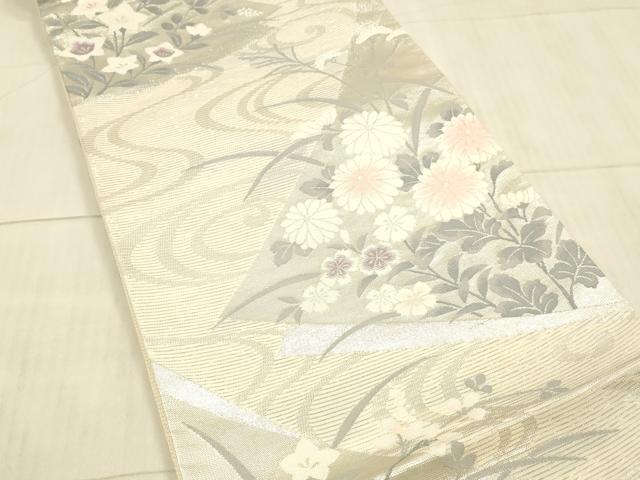 平和屋着物＊夏物 六通柄袋帯 流水草花文 銀糸 正絹 逸品 DAAX8961cm