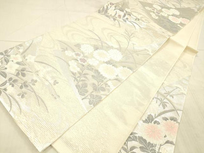 平和屋着物＊夏物 六通柄袋帯 流水草花文 銀糸 正絹 逸品 DAAX8961cm