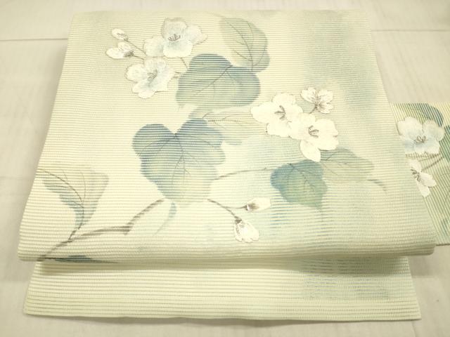 平和屋着物＊夏物 九寸名古屋帯 作家物 手描き 刺繍 枝花文 銀彩 正絹 逸品 DAAX8971cm