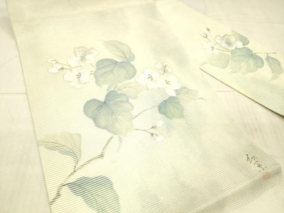 平和屋着物＊夏物 九寸名古屋帯 作家物 手描き 刺繍 枝花文 銀彩 正絹 逸品 DAAX8971cm
