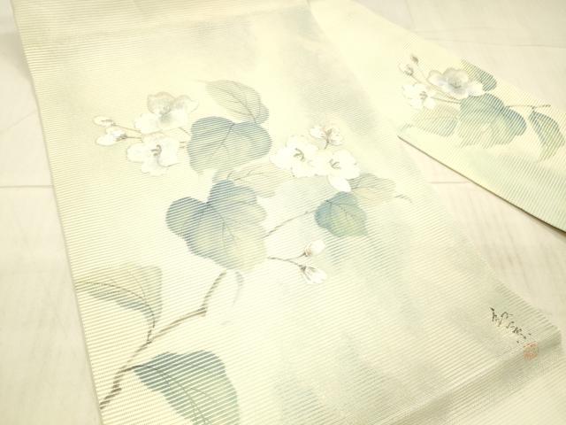 平和屋着物＊夏物 九寸名古屋帯 作家物 手描き 刺繍 枝花文 銀彩 正絹 逸品 DAAX8971cm