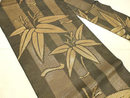 平和屋着物＊夏物 全通柄九寸名古屋帯 笹竹文 黒地 金糸 正絹 逸品 DAAX8973cm