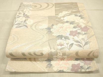 平和屋着物＊夏物 六通柄袋帯 流水草花文 銀糸 正絹 逸品 DAAX8979cm