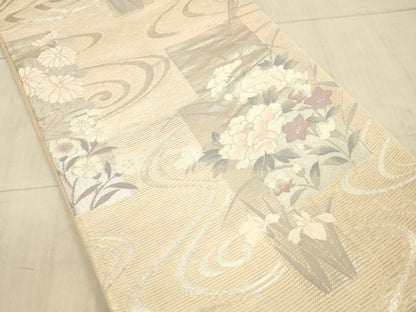平和屋着物＊夏物 六通柄袋帯 流水草花文 銀糸 正絹 逸品 DAAX8979cm
