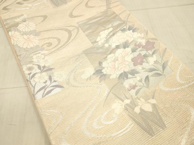 平和屋着物＊夏物 六通柄袋帯 流水草花文 銀糸 正絹 逸品 DAAX8979cm