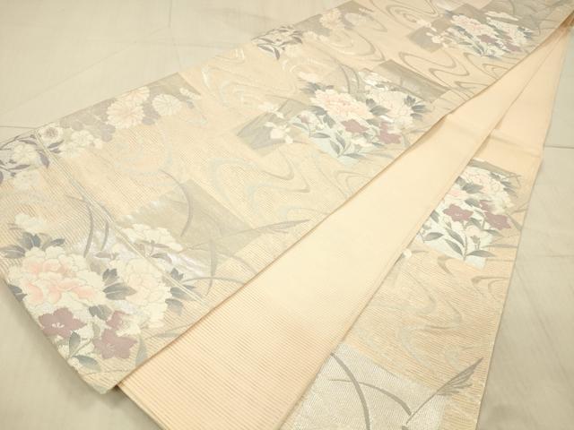平和屋着物＊夏物 六通柄袋帯 流水草花文 銀糸 正絹 逸品 DAAX8979cm